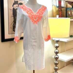 Boffo,Sheer Cotton Pullover, Avant Garde Neon Orange Embroidery,EUC, Size Large